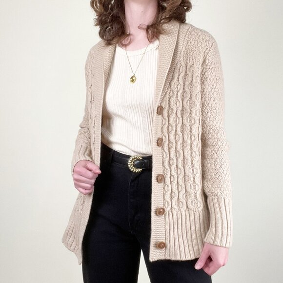 Vintage Lambswool Cable Knit Aran Cardigan Sweater Long Scandinavian Fisherman - Picture 2 of 7